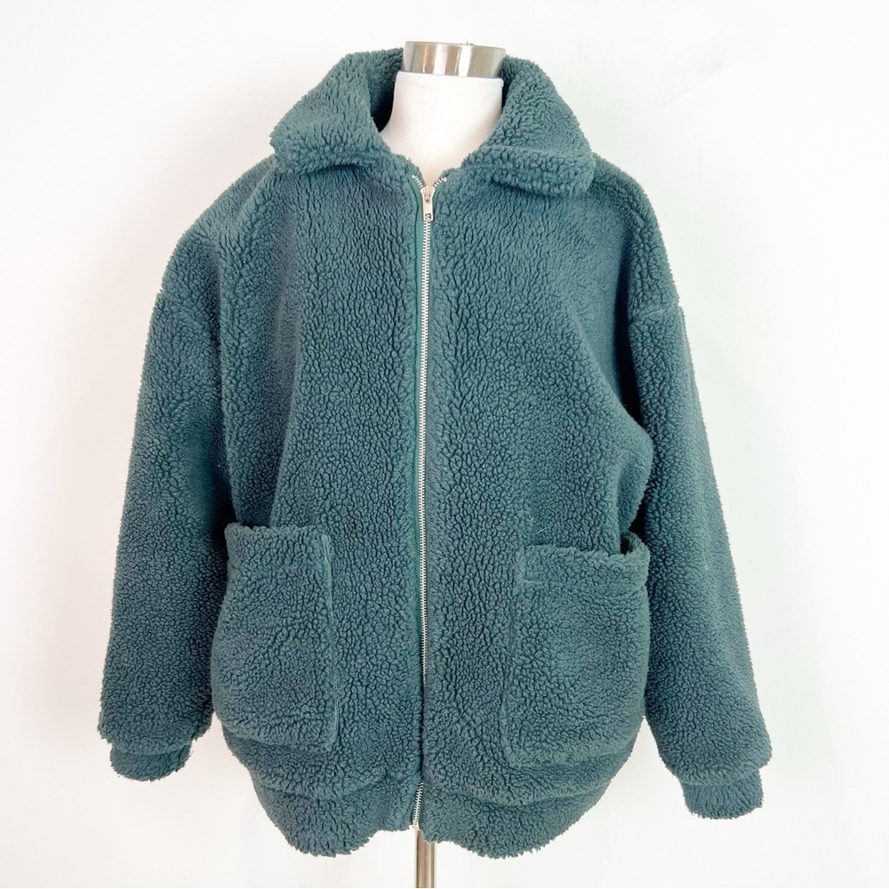 GRADE & GATHER GREEN FLEECE FULL ZIP TEDDY OVERSIZED SHERPA JACKET WOMENS SMALL - Picture 2 of 5